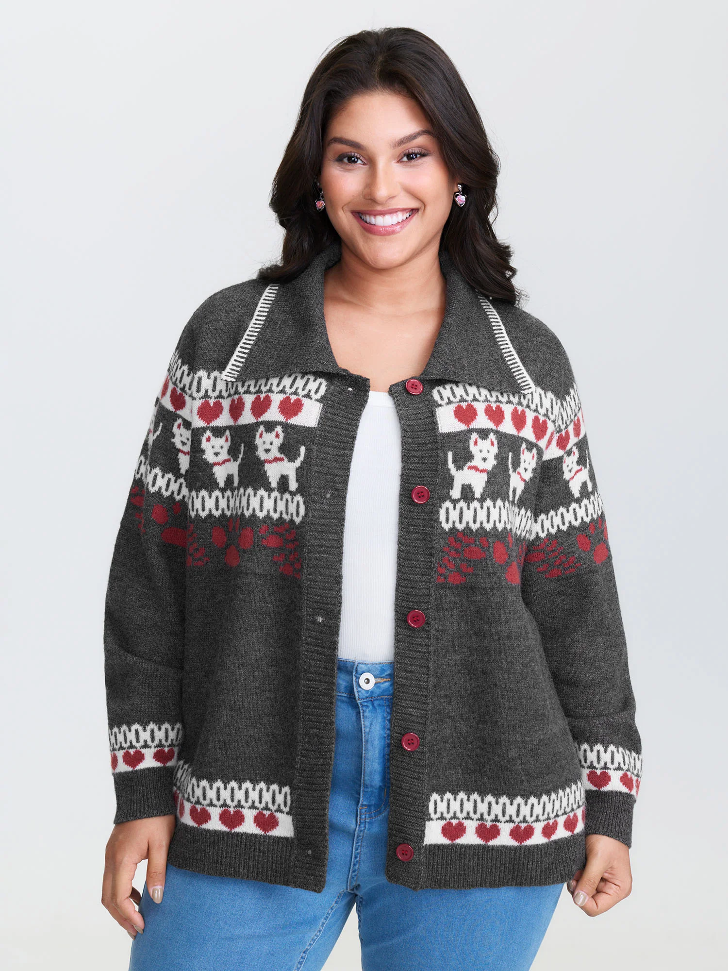 Animal Print Jacquard Polo Collar Knit Cardigan