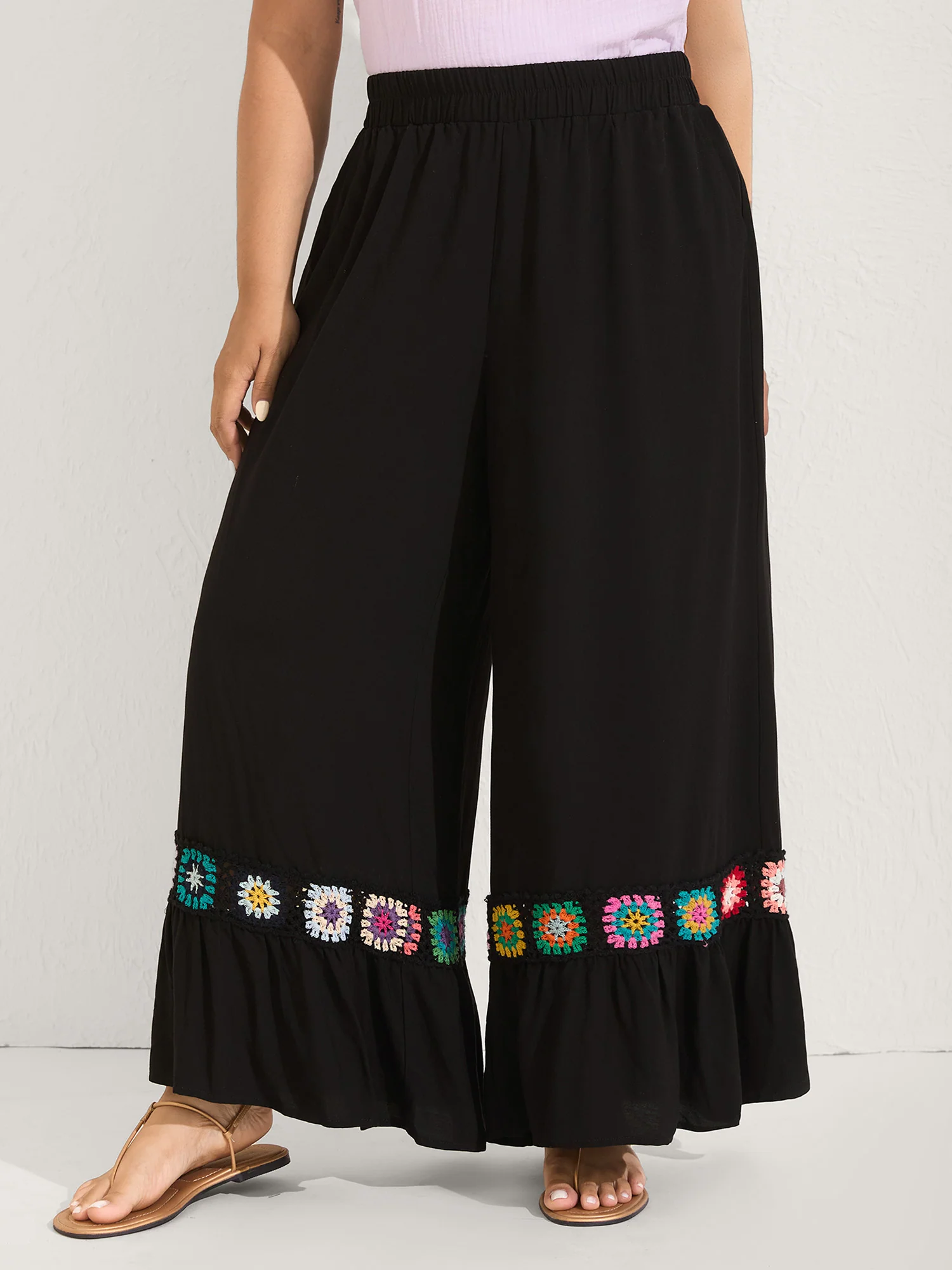 Stretchy Waist Crochet Floral Wide-Leg Pants