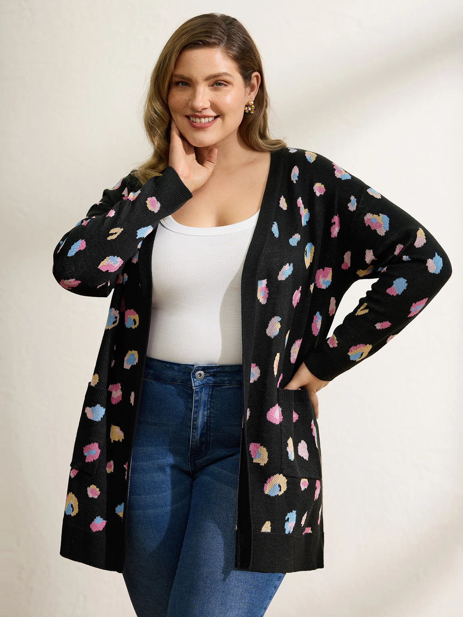 Colorful Leopard Print Pockets Knit Cardigan