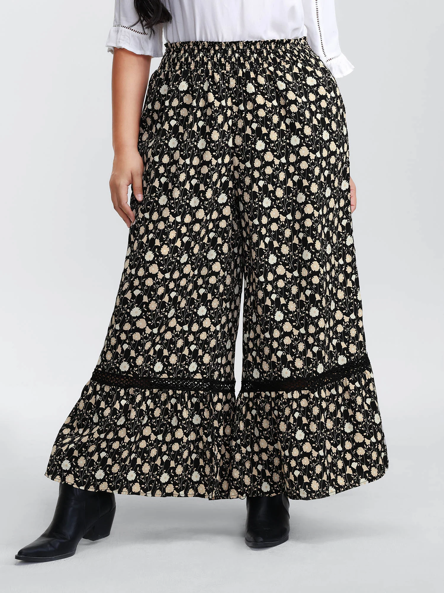 Floral Print Shirred Wide Waistband Tiered Pants