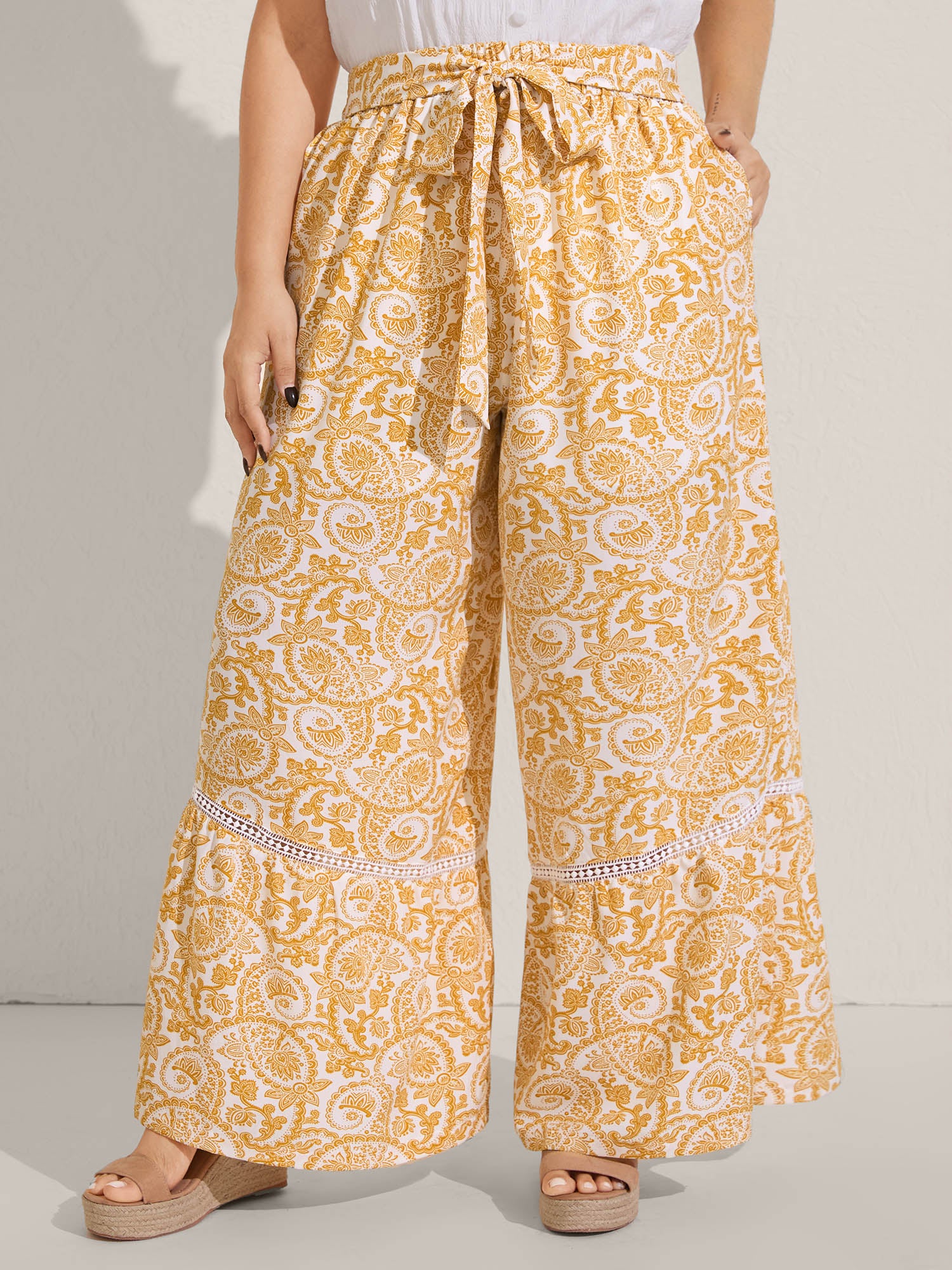 Paisely Print Lace Trim Wide-Leg Pants