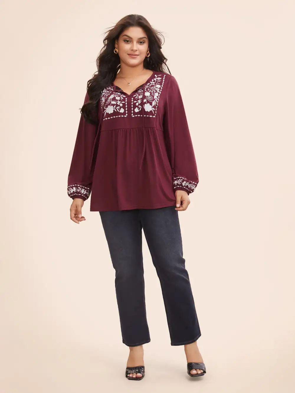 Floral Embroidered Knot Neck Lantern Sleeve T-Shirt