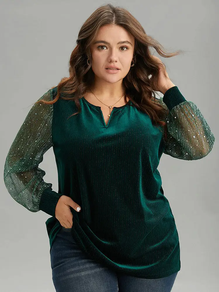 Velvet Patchwork Mesh Sequin Notched T-Shirt