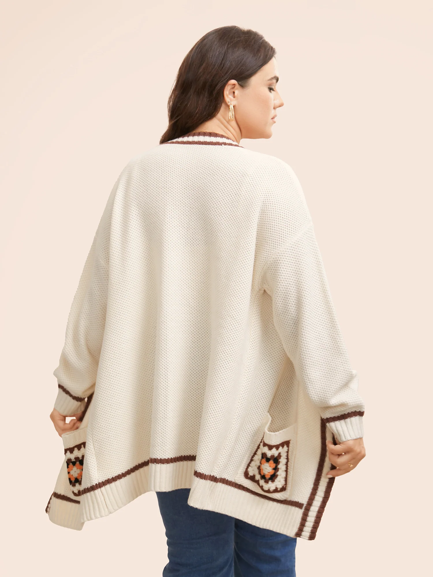 Crochet Floral Patch Pocket Drop Shoulder Cardigan