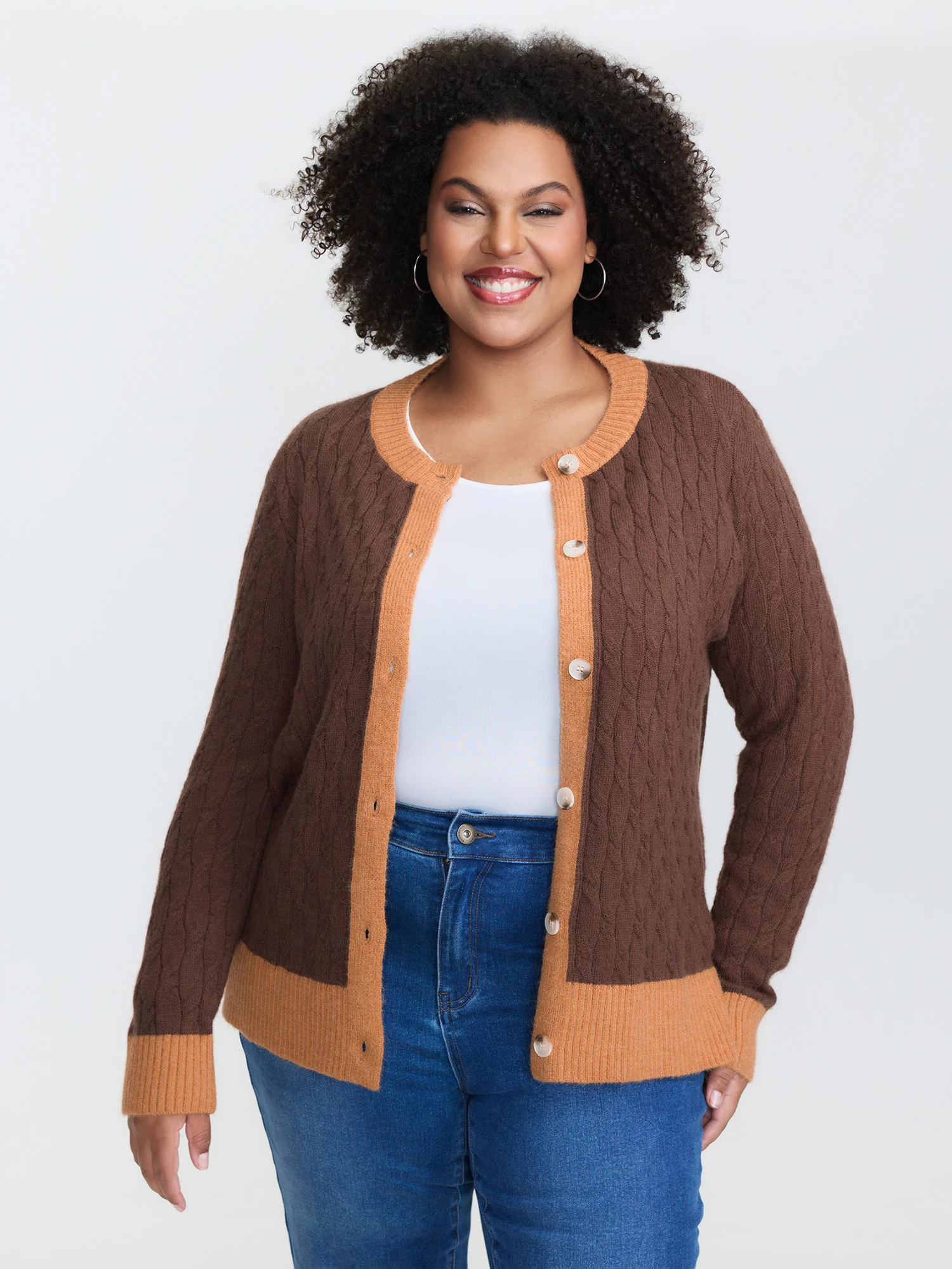 Braided Color Contrast Button Knit Cardigan