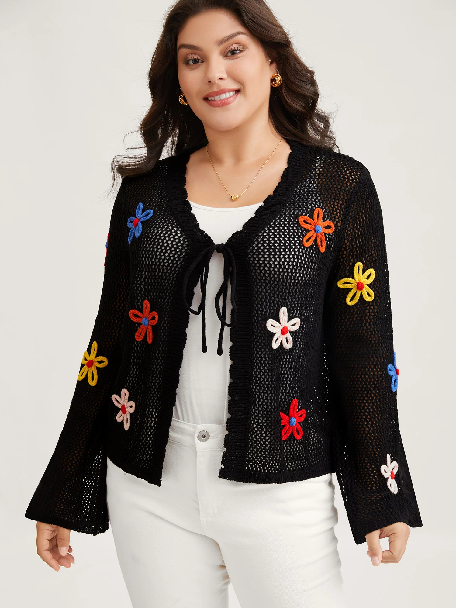 Knit Floral Front Tie Cardigan