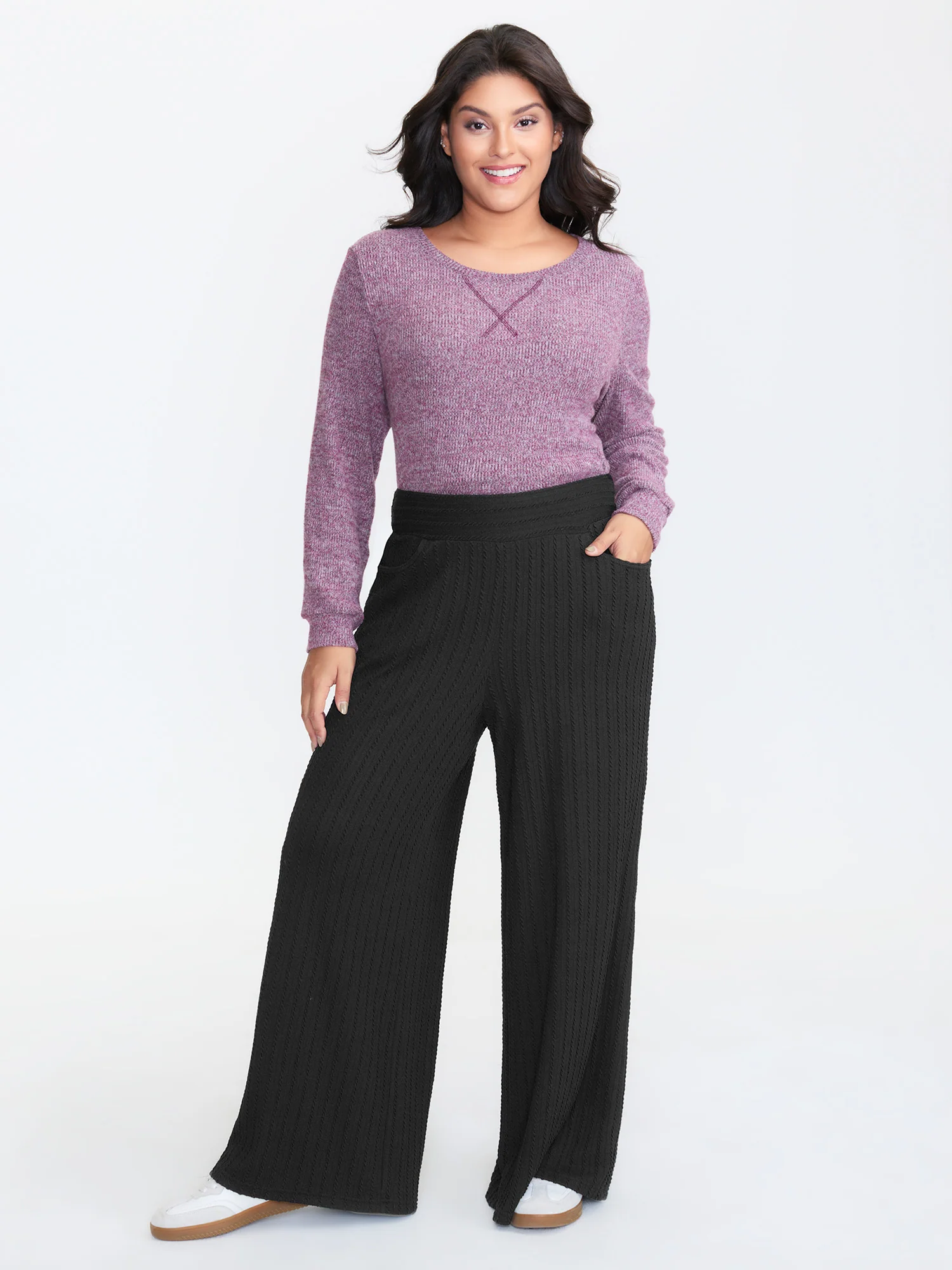 Stretchy Cable Knit Wide Leg Pants