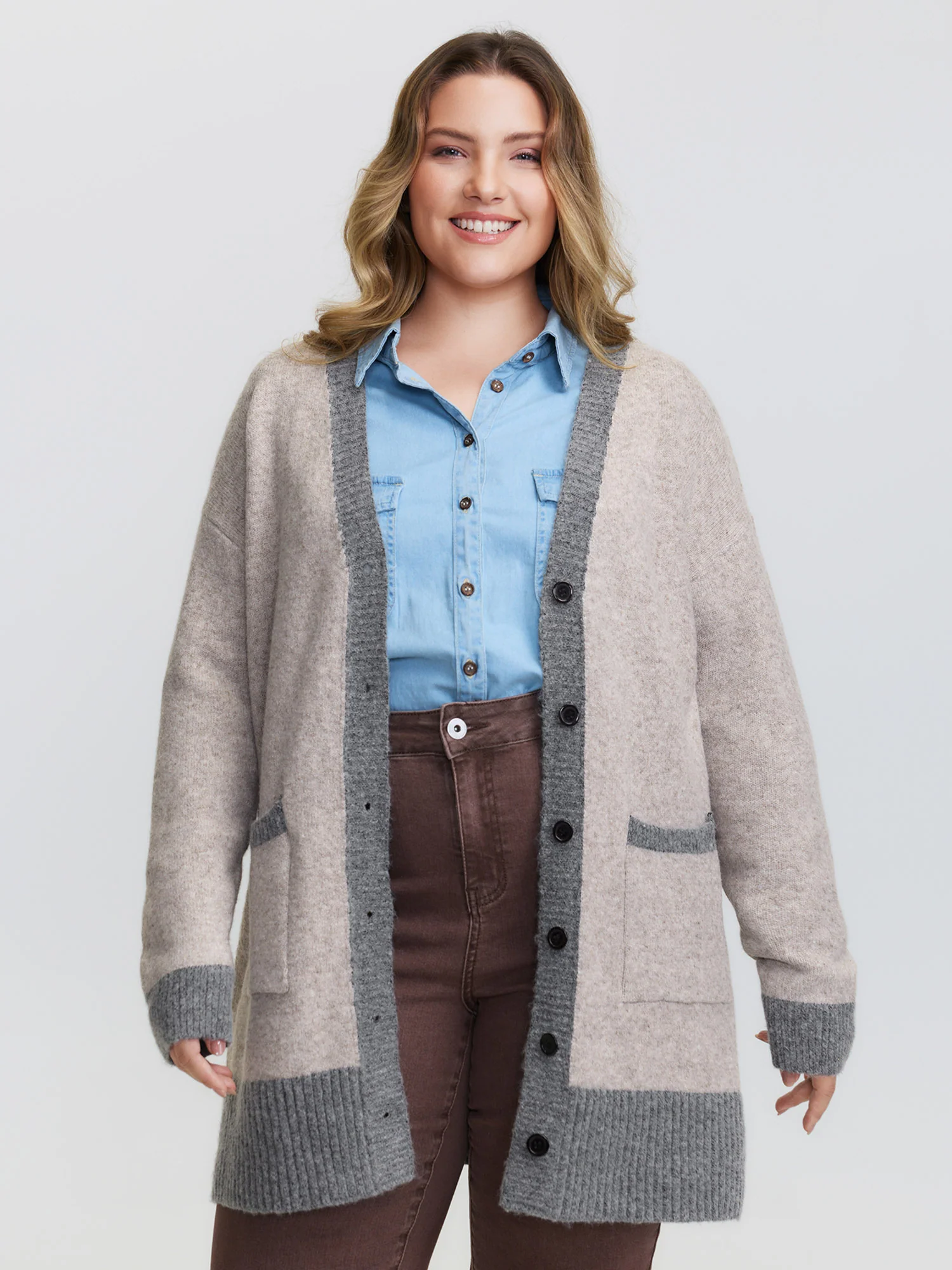 Color Contrast Buttons Pockets Knit Cardigan