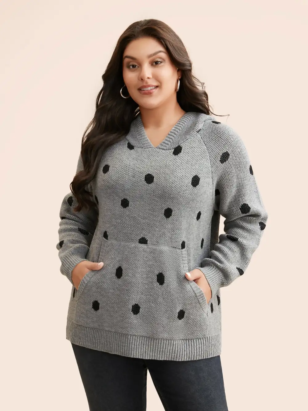Polka Dot Hooded Patch Pocket Pullover