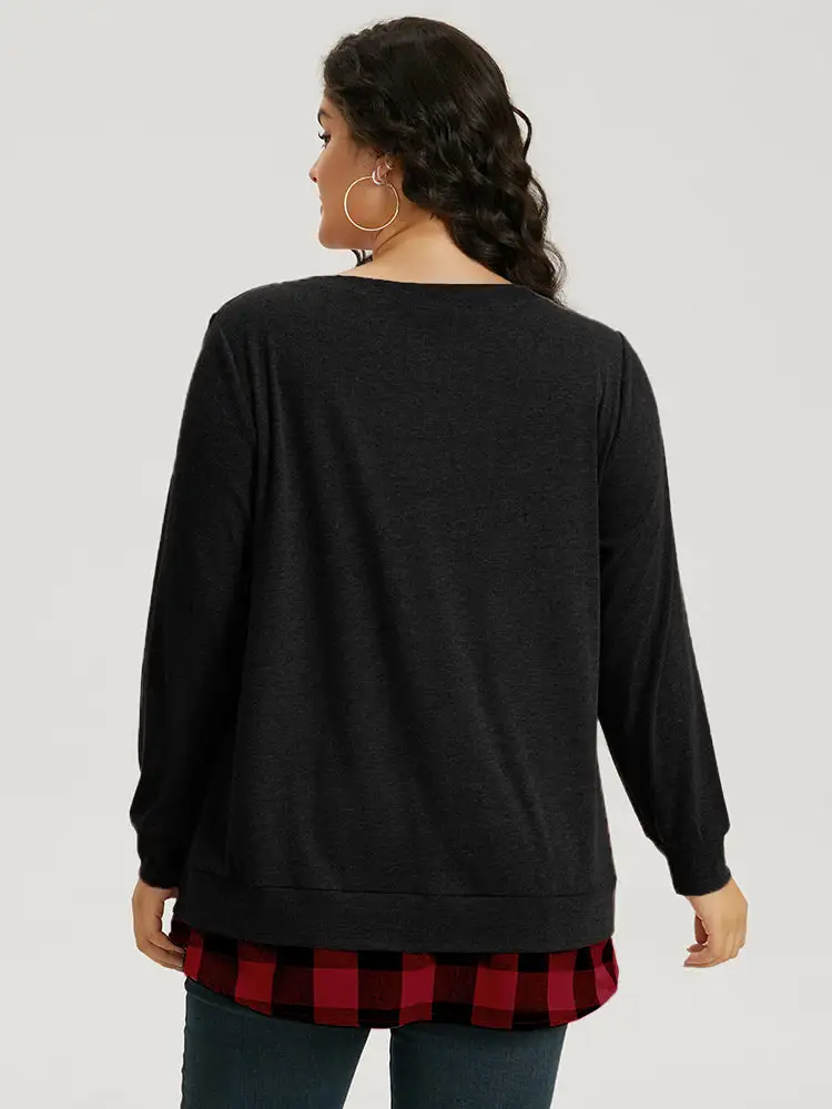 Heather Plaid Patchwork Crew Neck T-Shirt
