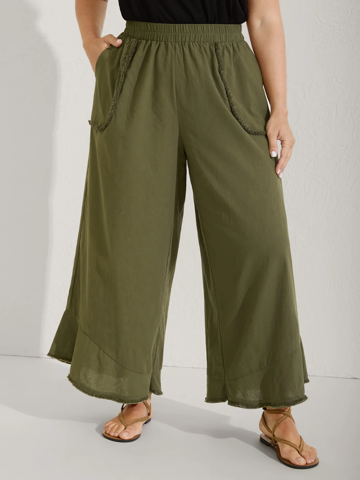 Stretchy Waist Frayed Hem Wide-Leg Pants