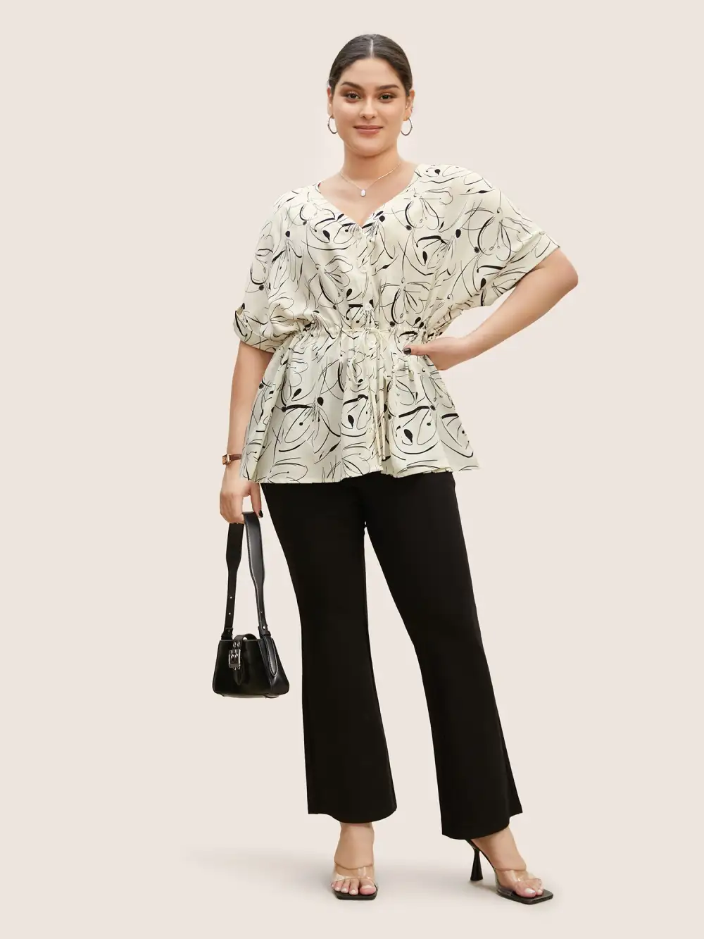 Geometric Print Drawstring Cuffed Sleeve Blouse