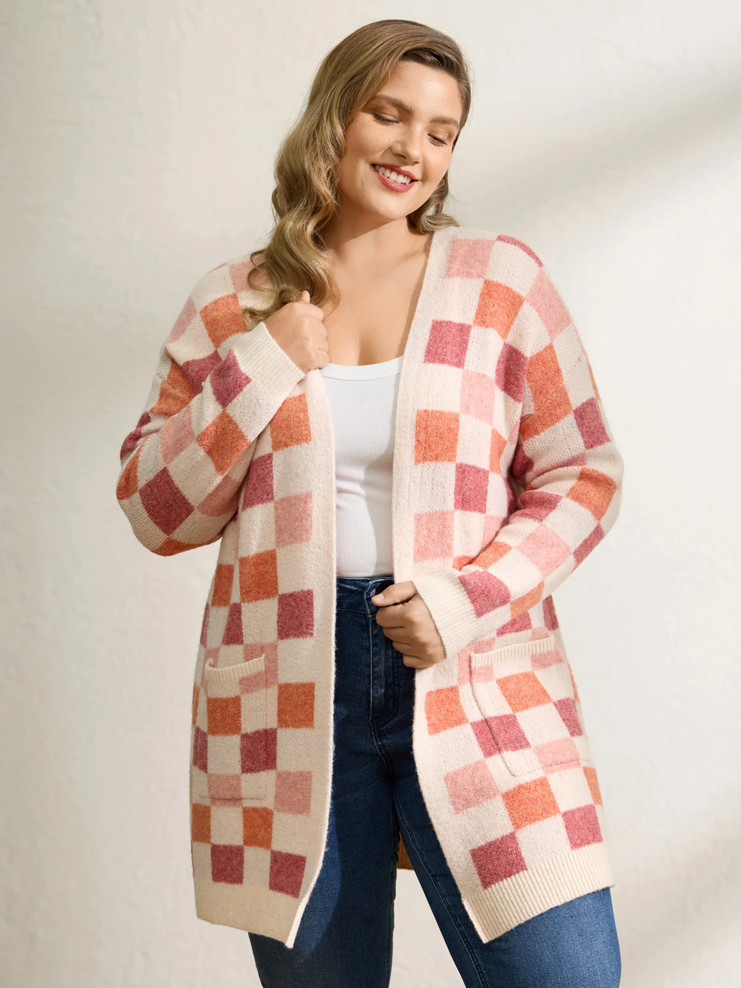 Checkered Color Contrast Open-Front Cardigan