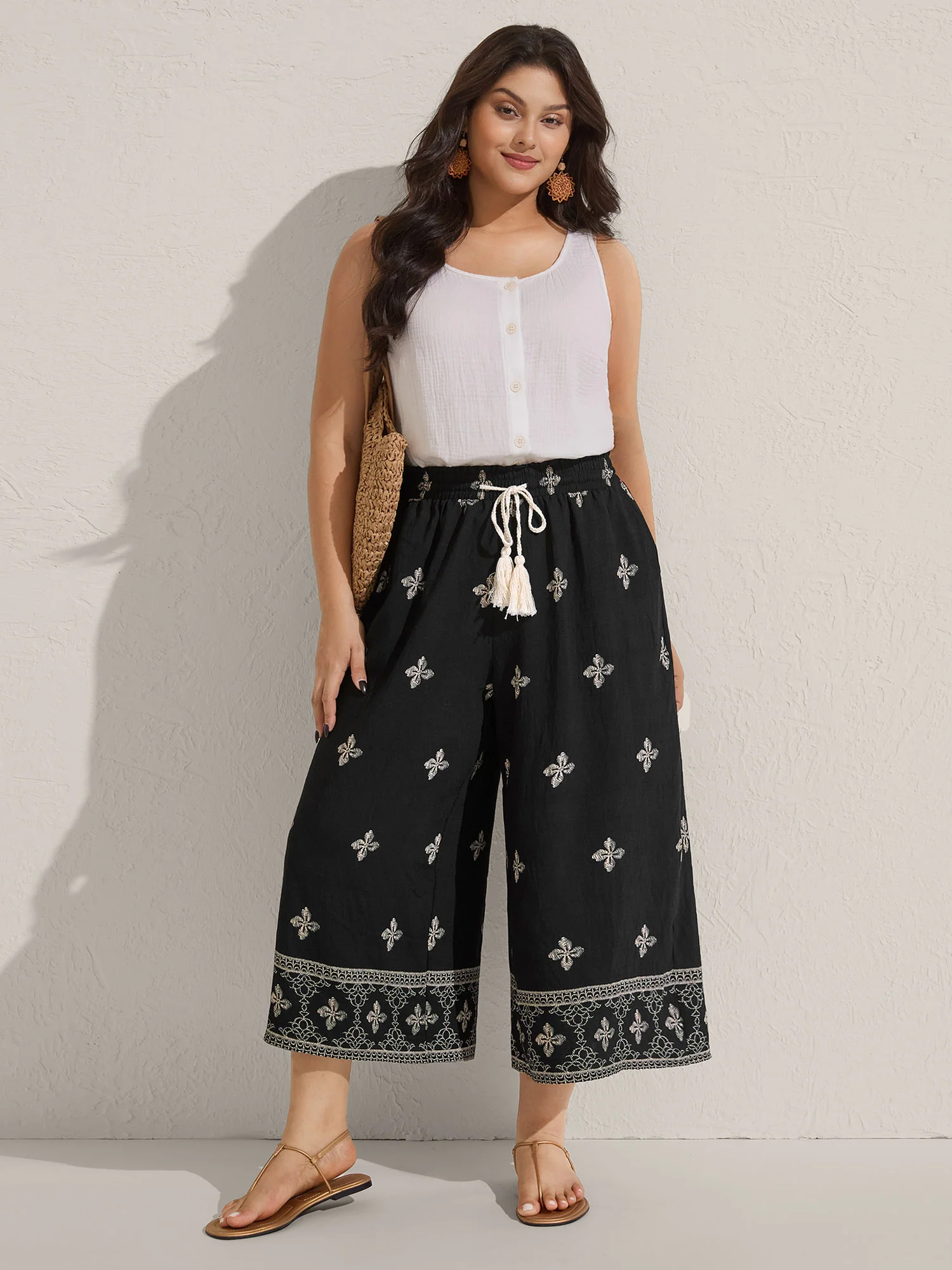 Boho Print Color Contrast Wide-Leg Pants