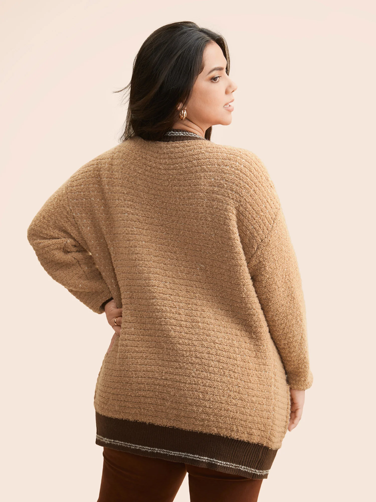 Texture Contrast Drop Shoulder Sleeve Cardigan