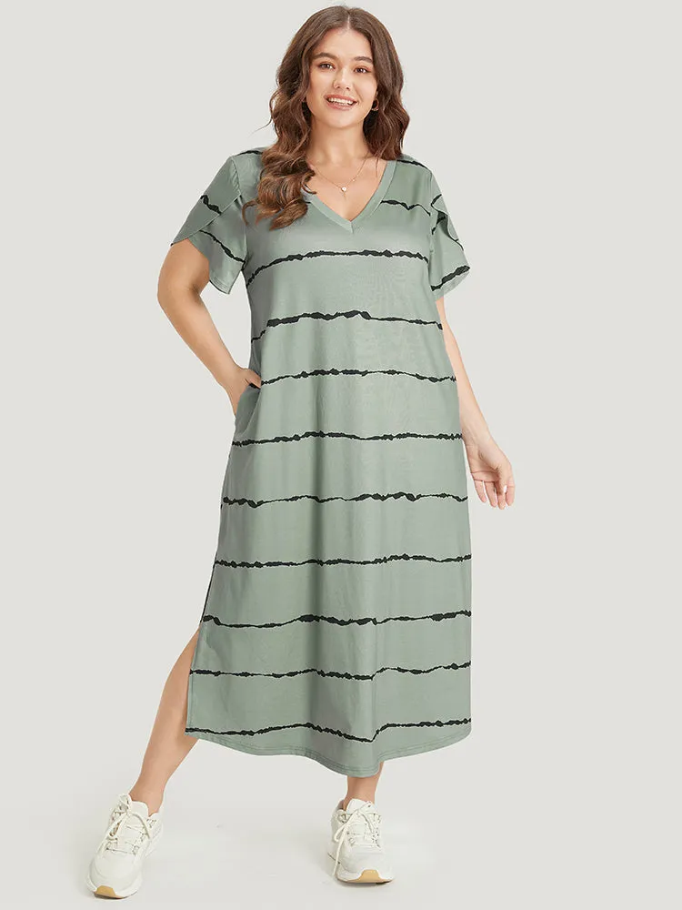 Striped Print Petal Sleeve Pocket Split Hem Dress