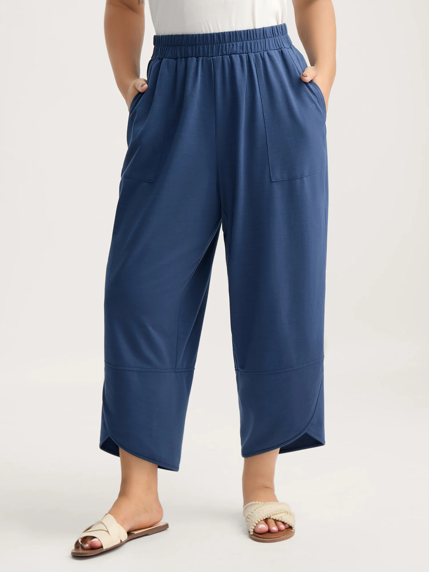 Stretchy Waist Asymmetrical Hem Straight-Leg Pants