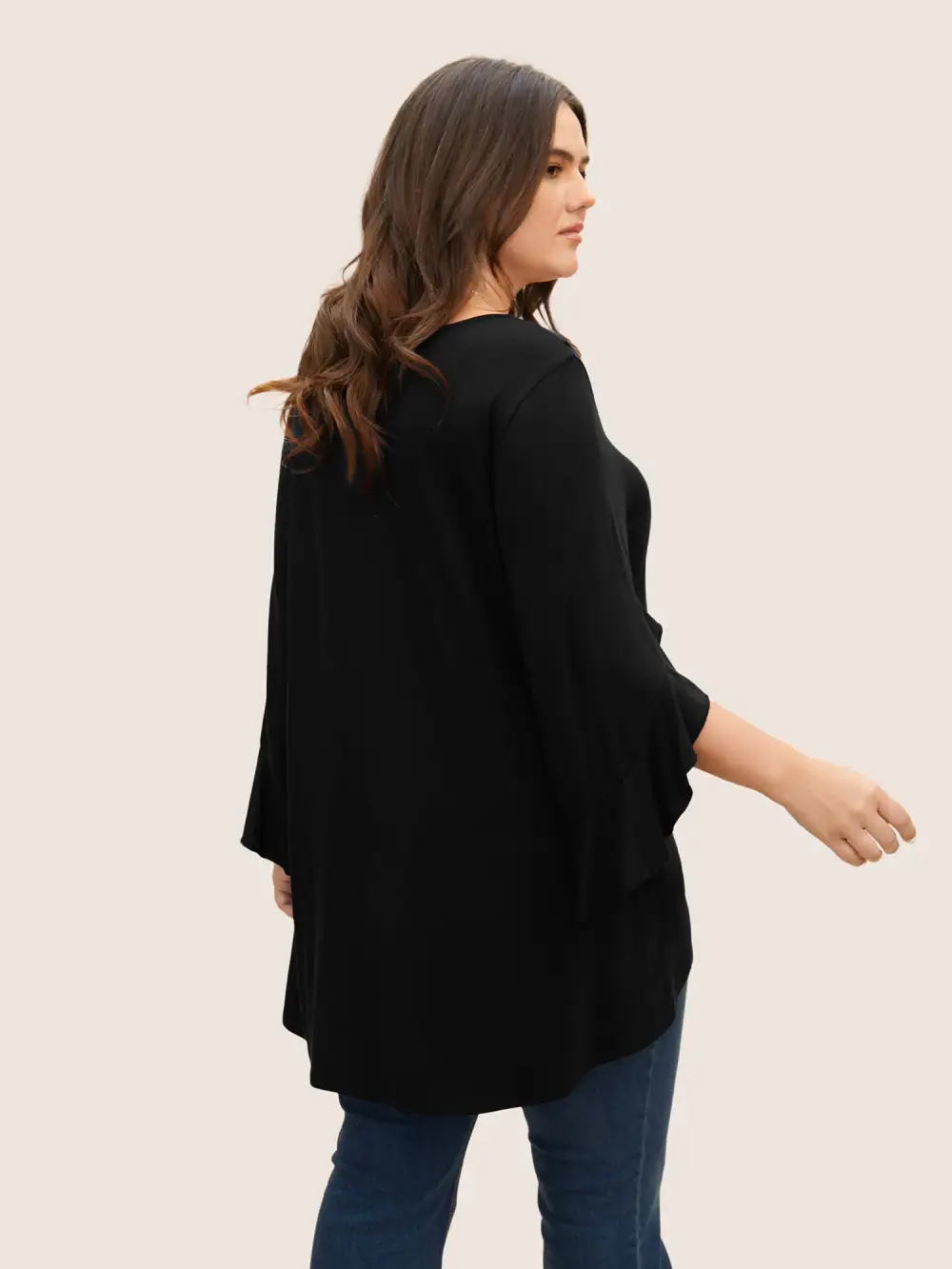 Solid Ruffle Sleeve High Low Hem T-Shirt