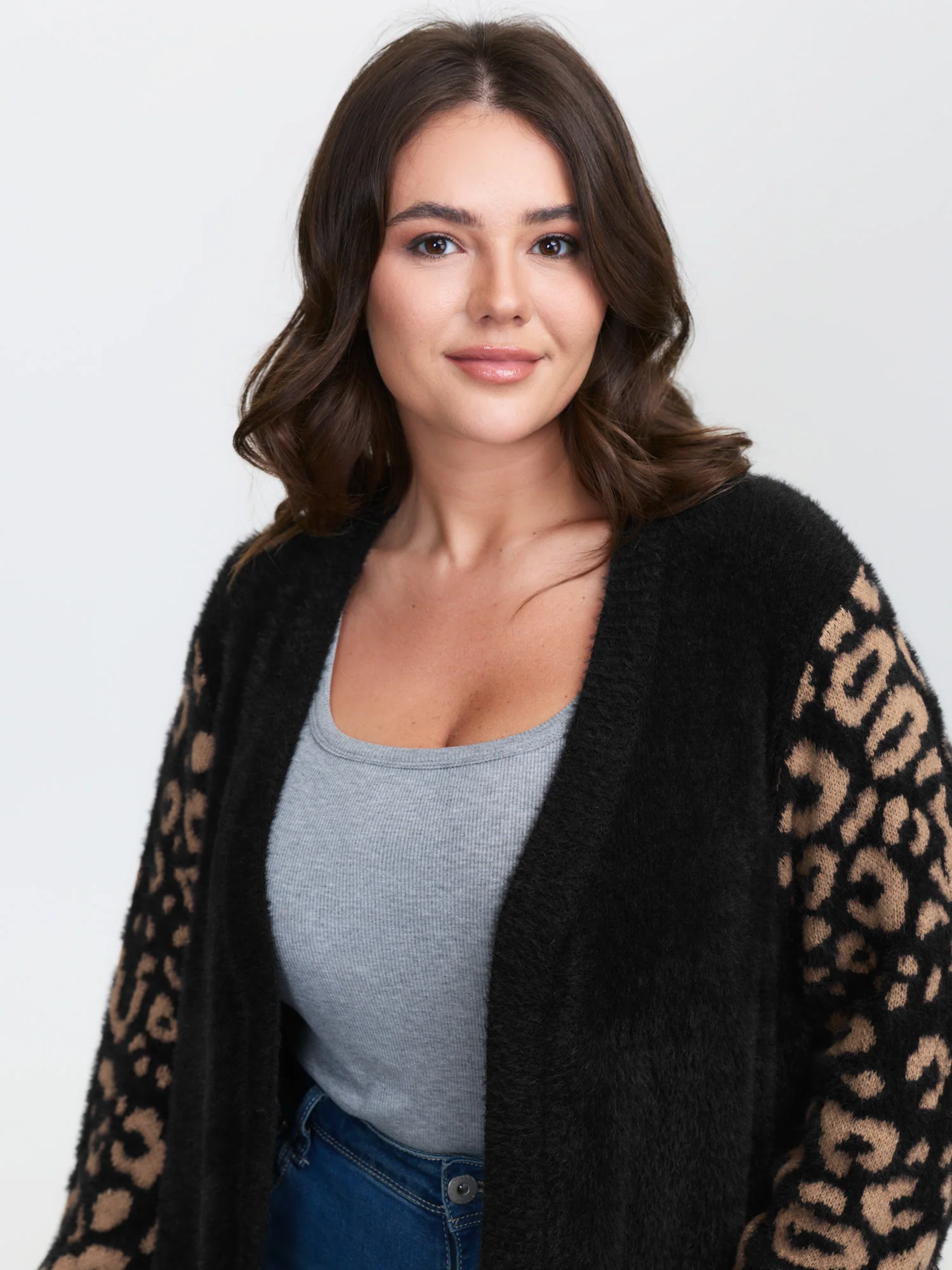 Leopard Jacquard Furry Open-Front Knit Cardigan