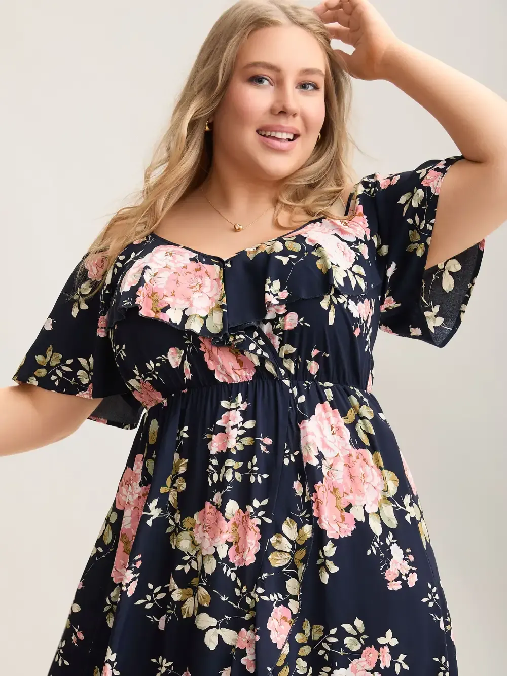 Ruffled Neck Off-Shoulder Floral Midi Dress