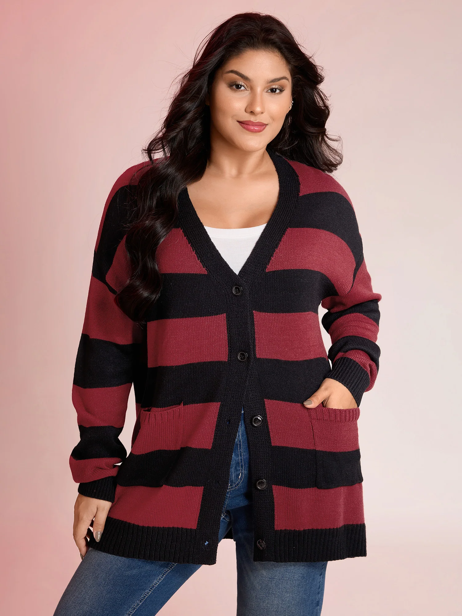 Colorblock Pockets Button Straight-Front Cardigan