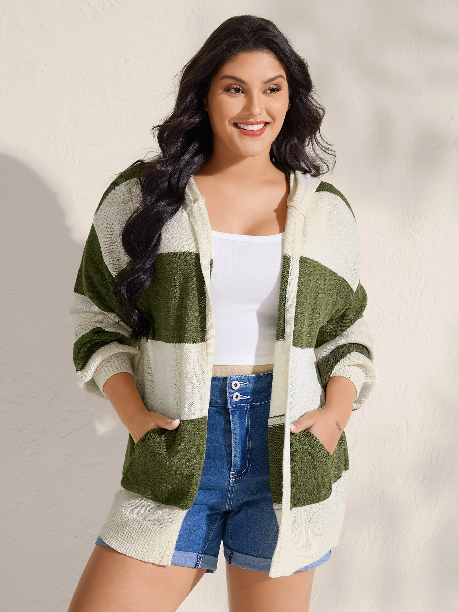Textured Color Stripes Hooded Knit Cardigan