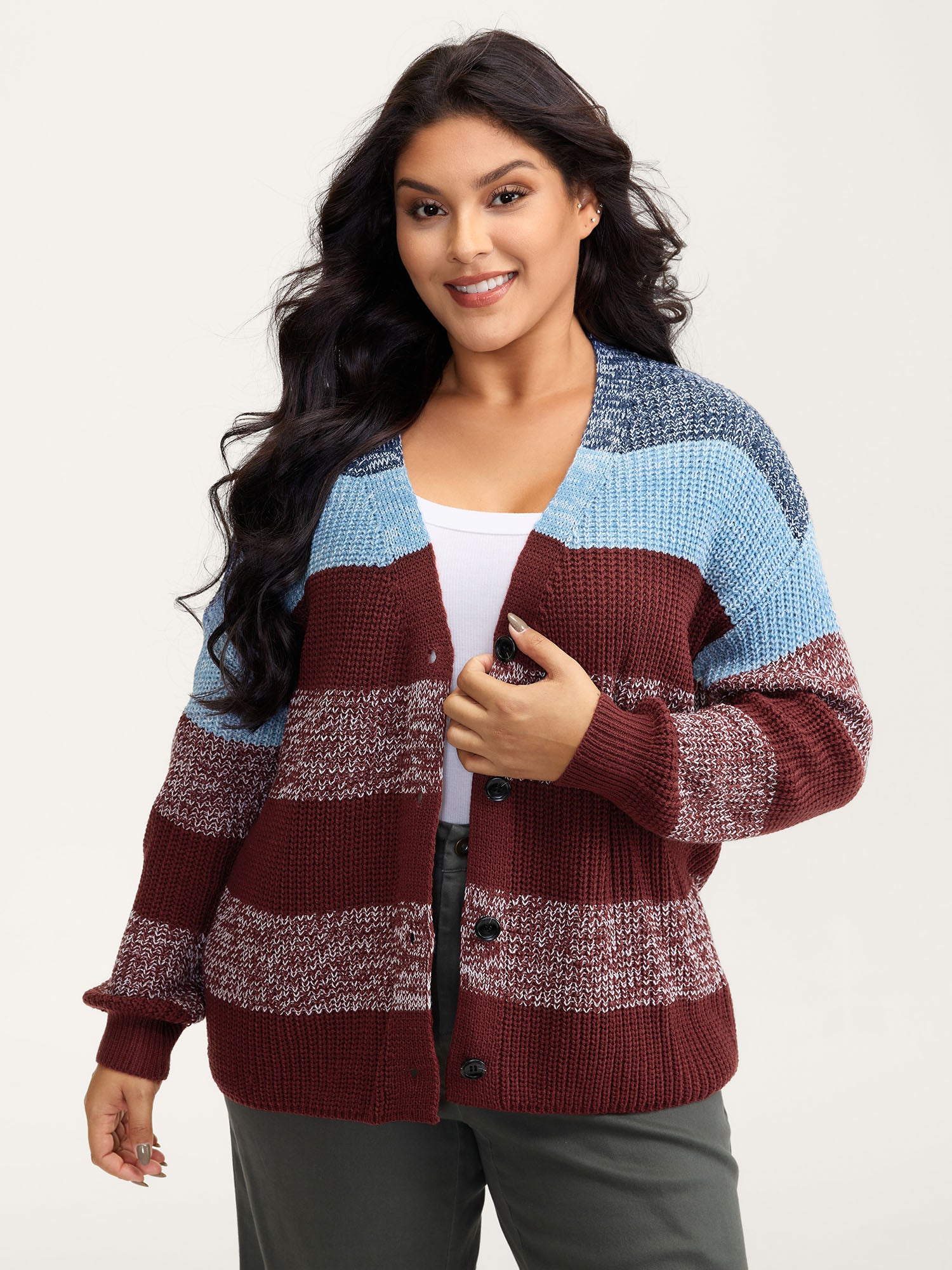 Colorblock Buttons V-Neck Knit Cardigan
