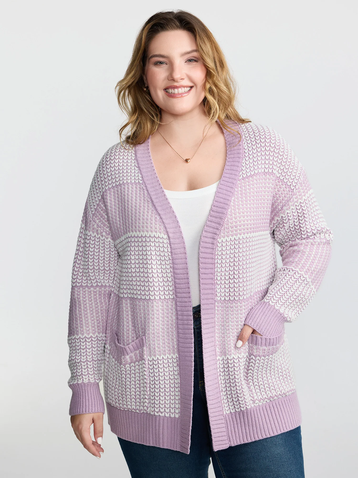 Color Stripes Pockets Textured Knit Cardigan