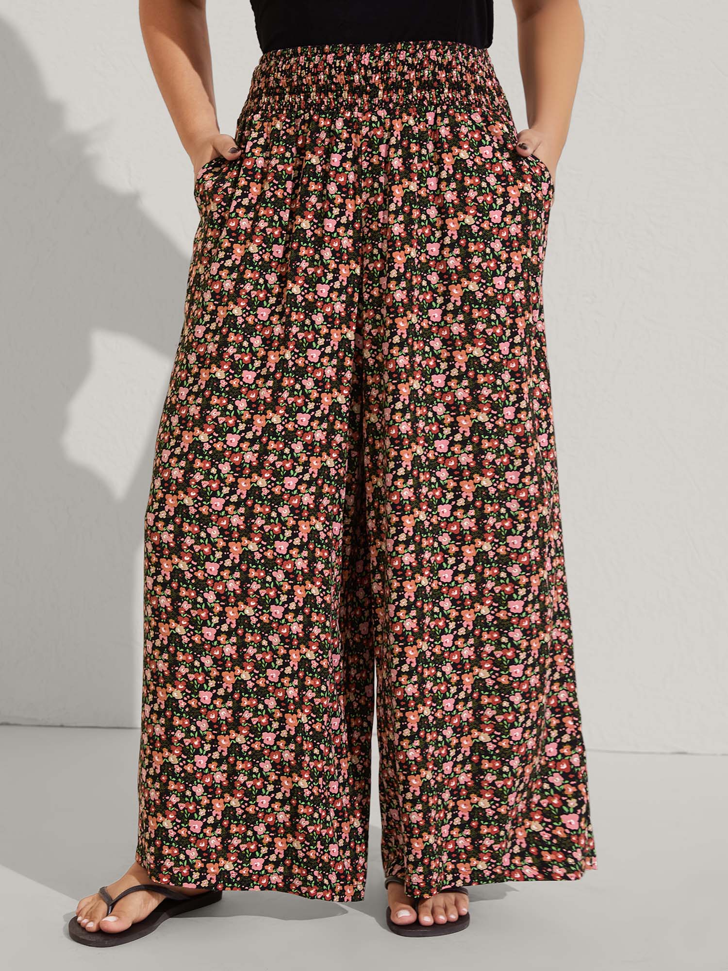 Shirred Waist Ditsy Floral Wide-Leg Pants
