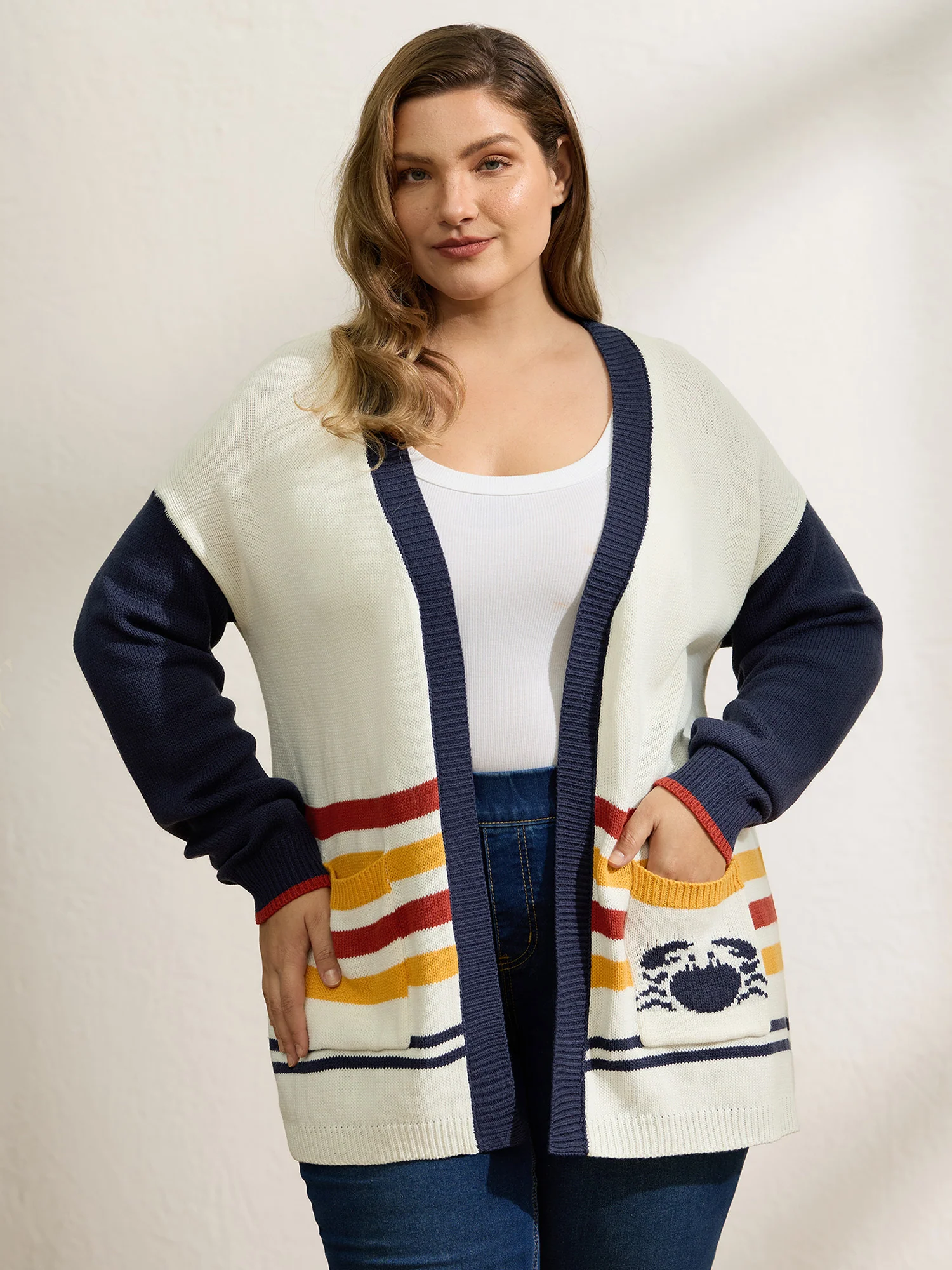 Colorful Stripe Seahorse Motif Jacquard Knit Cardigan