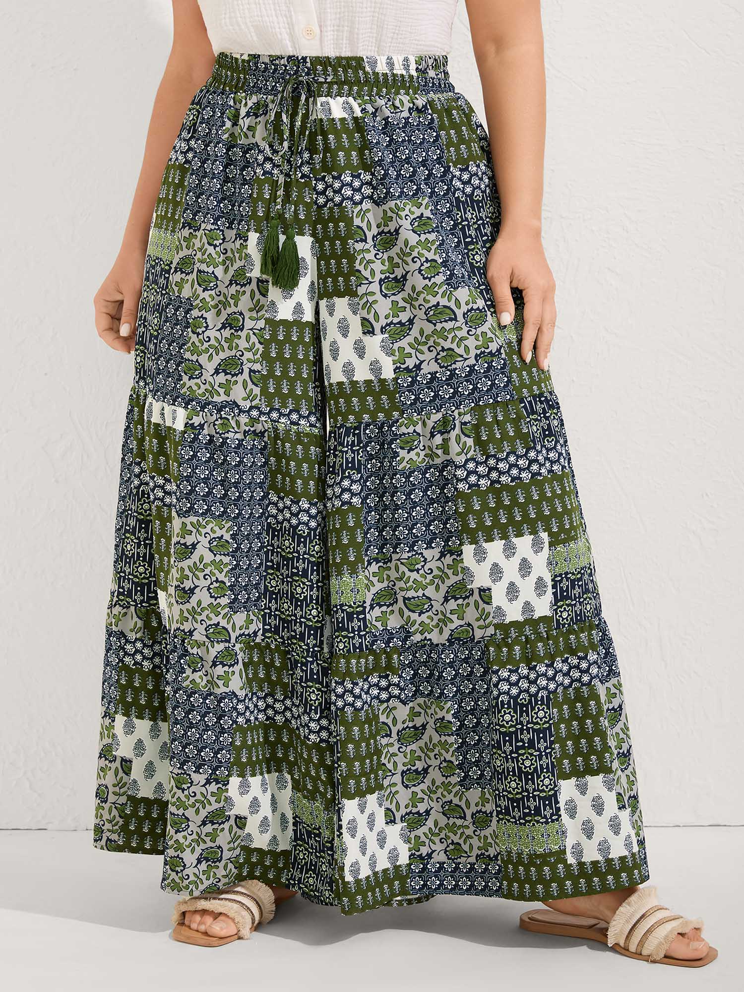 Floral Collage Drawstring Wide-Leg Pants