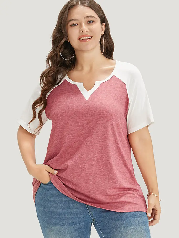 Colorblock Contrast Notched Raglan Sleeve T-shirt