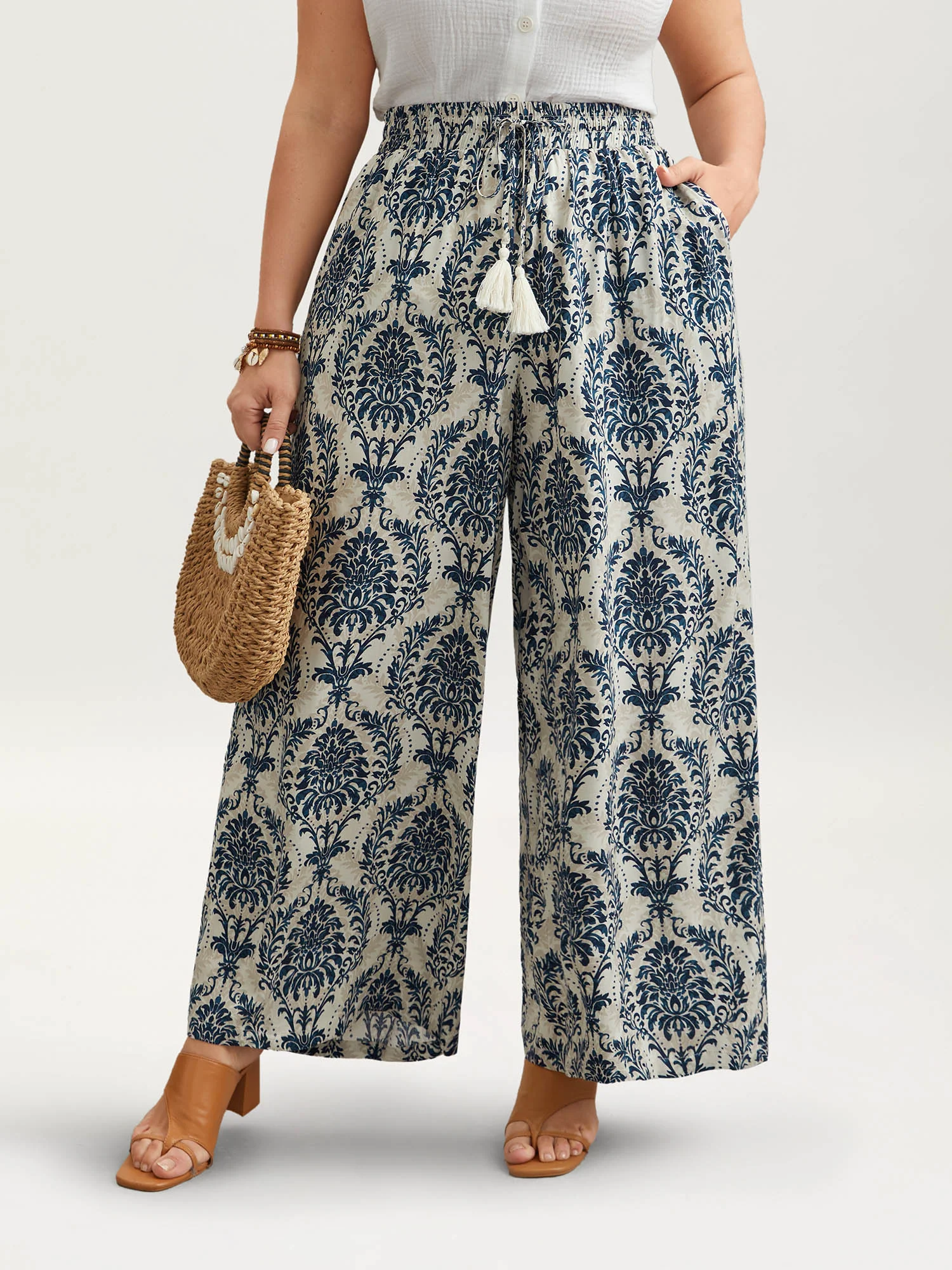 Damask Print Tassel Straight-Leg Pants