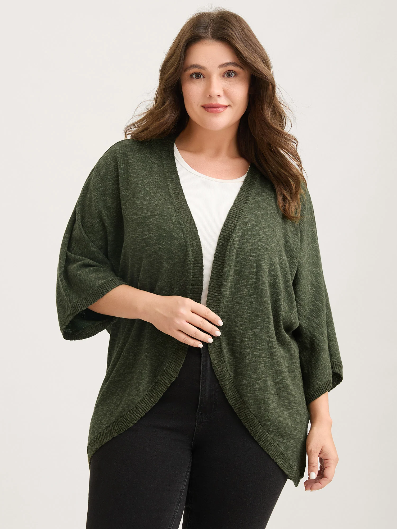 Curvy Hem Solid Open-Front Lightweight Cardigan