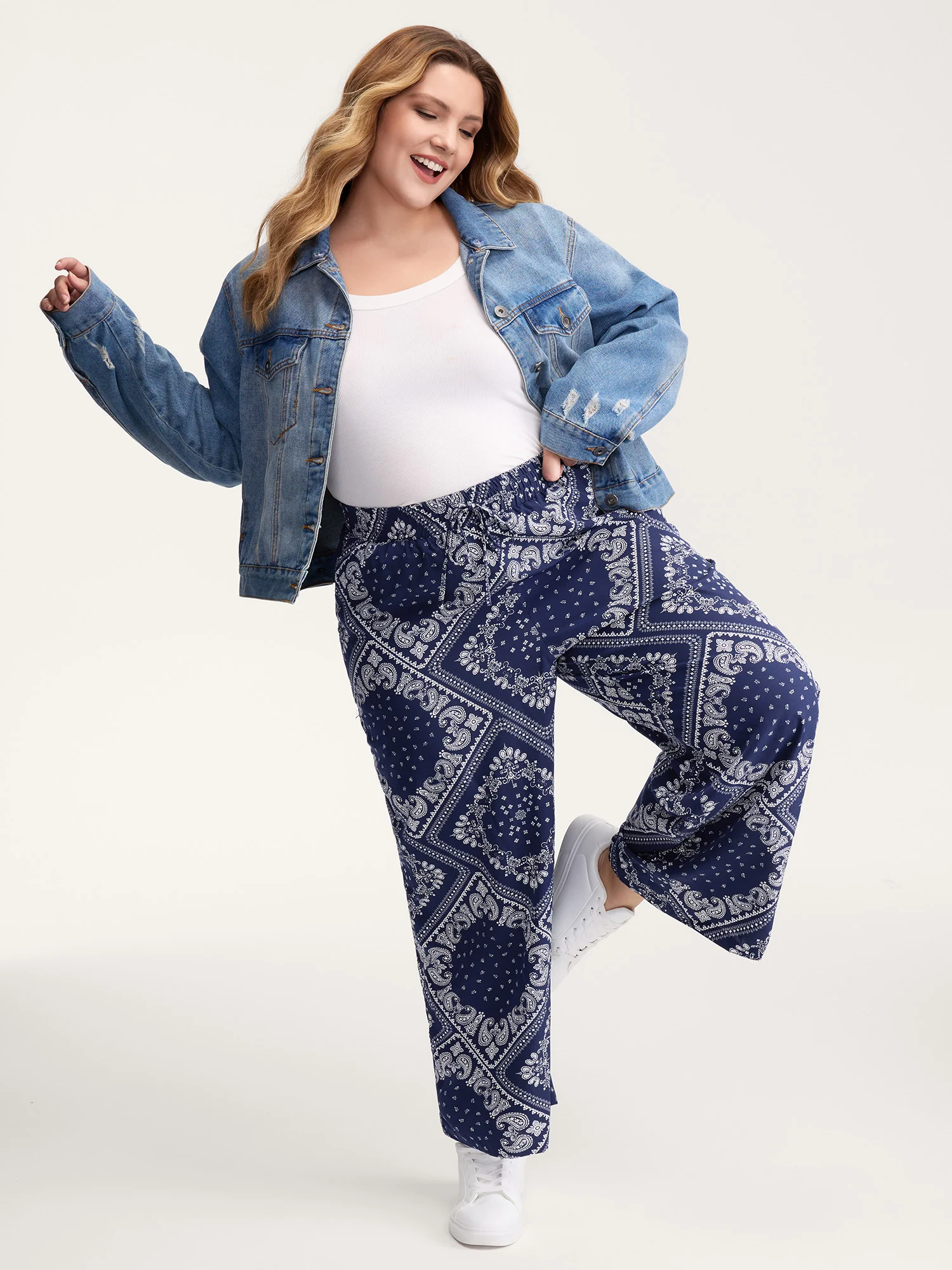 Collage Scarf Pattern Straight-Leg Pants