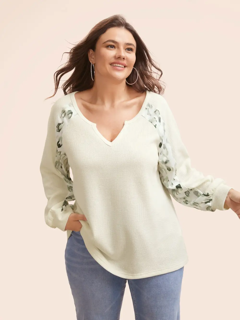 Waffle Knit Patchwork Leopard Print Sweatshirt