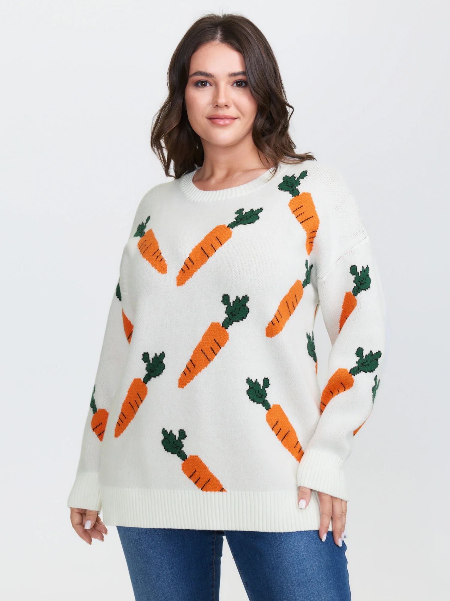 Carrot Pattern Round Neck Ribbed Pullover