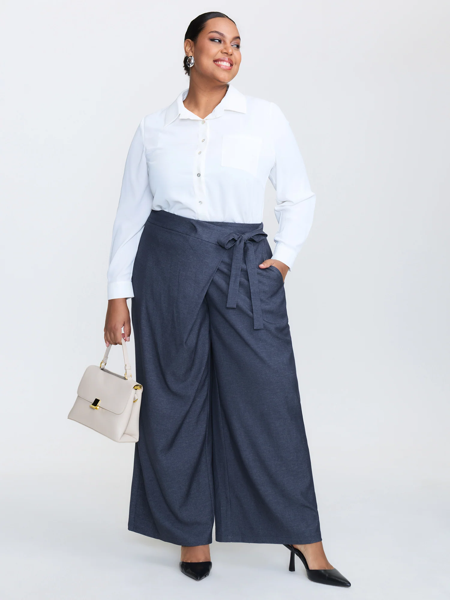 Asymmetrical Belted Denim-Like Pants