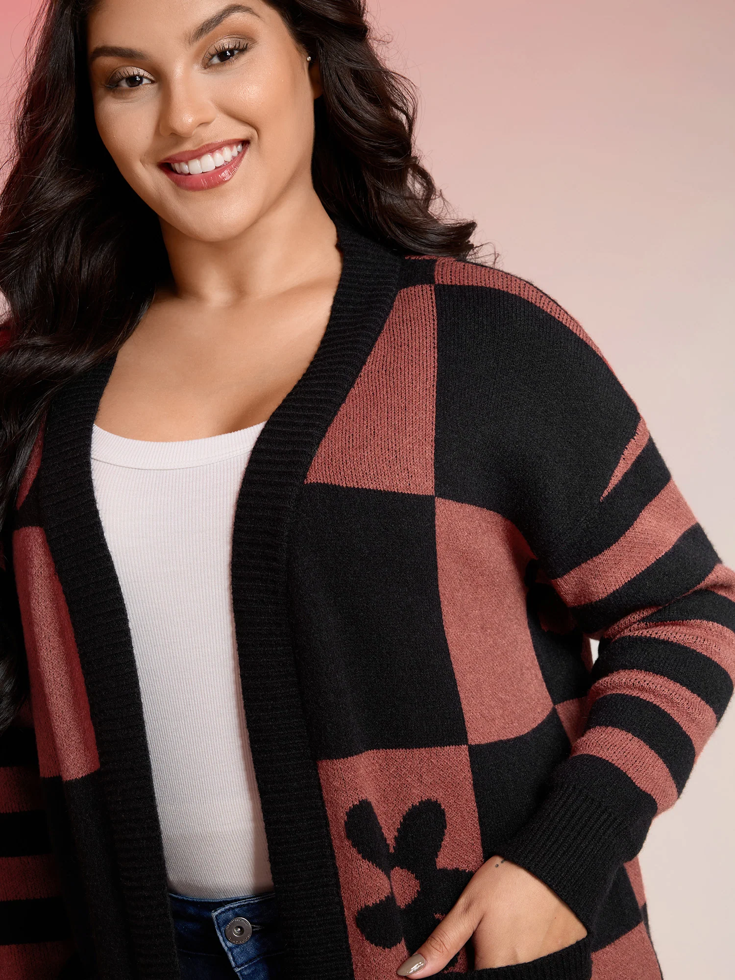 Supersoft Checkered Floral Superstretchy Knit Cardigan