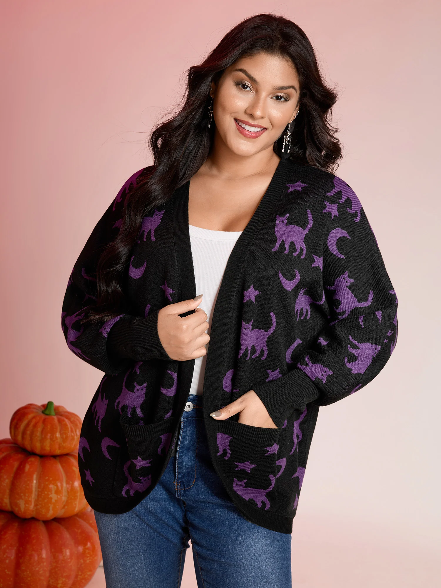 Halloween Jacquard Print Pockets Knit Cardigan