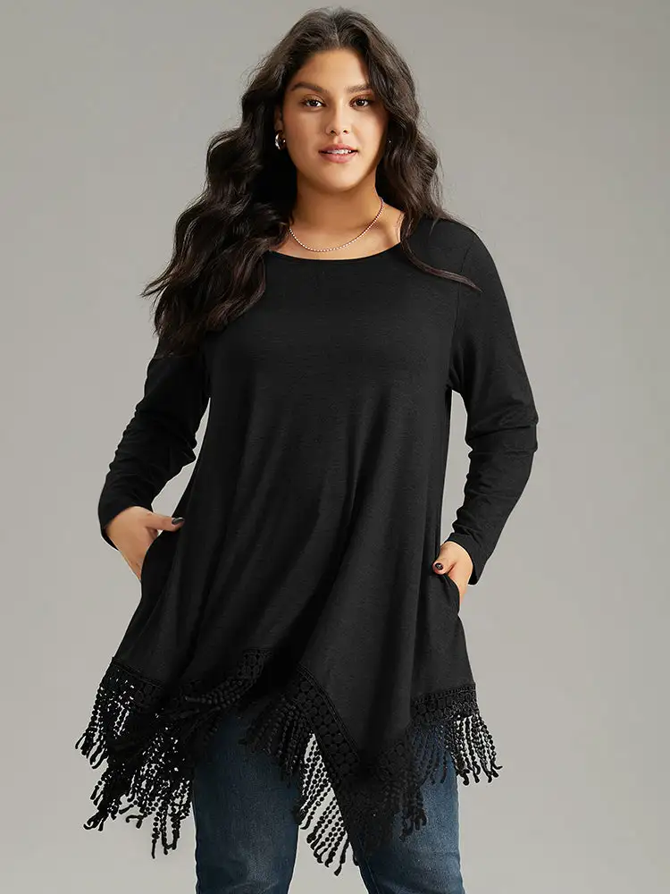 Solid Tassels Trim Pocket Asymmetrical Hem T-Shirt