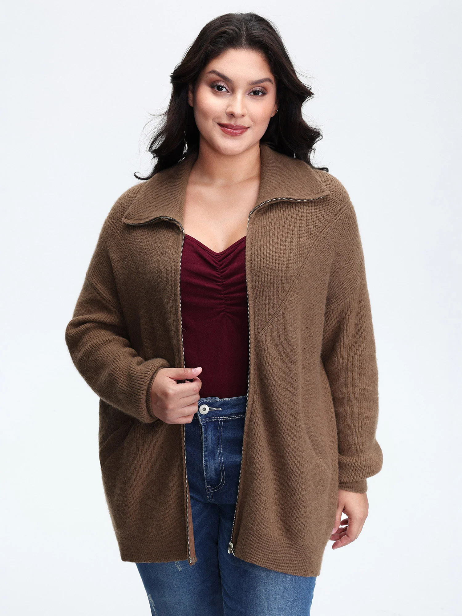 Textured Slant Pockets Zipper-Front Knit Cardigan