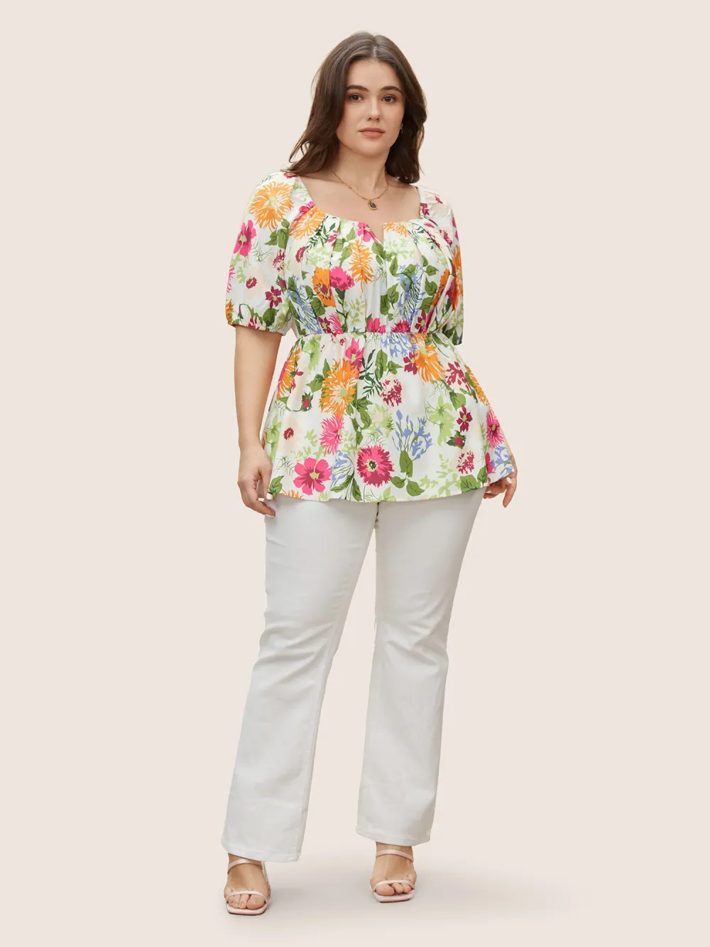 Floral Notched Collar Lantern Sleeve Blouse
