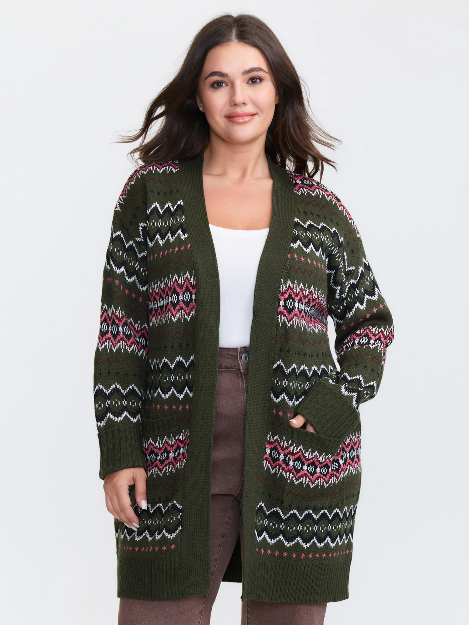 Geometric Pattern Pockets Open-Front Cardigan