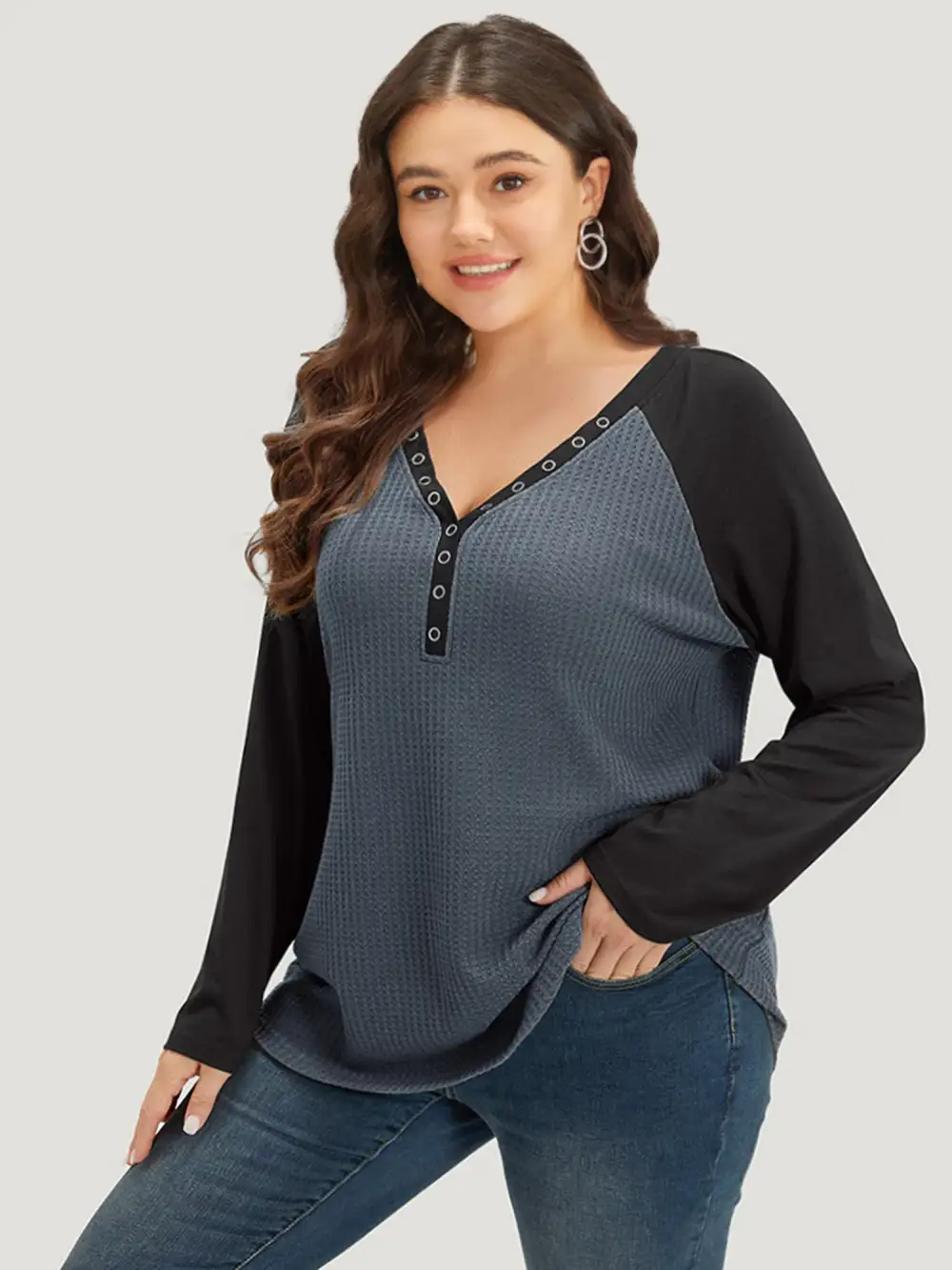 Waffle Knit Raglan Sleeve Metal Buckle Detail T-Shirt