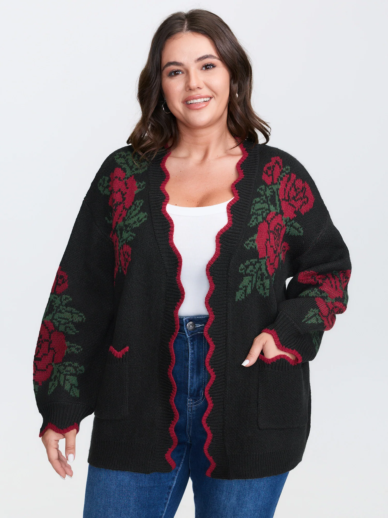 Rose Pattern Jacquard Color Contrast Knit Cardigan