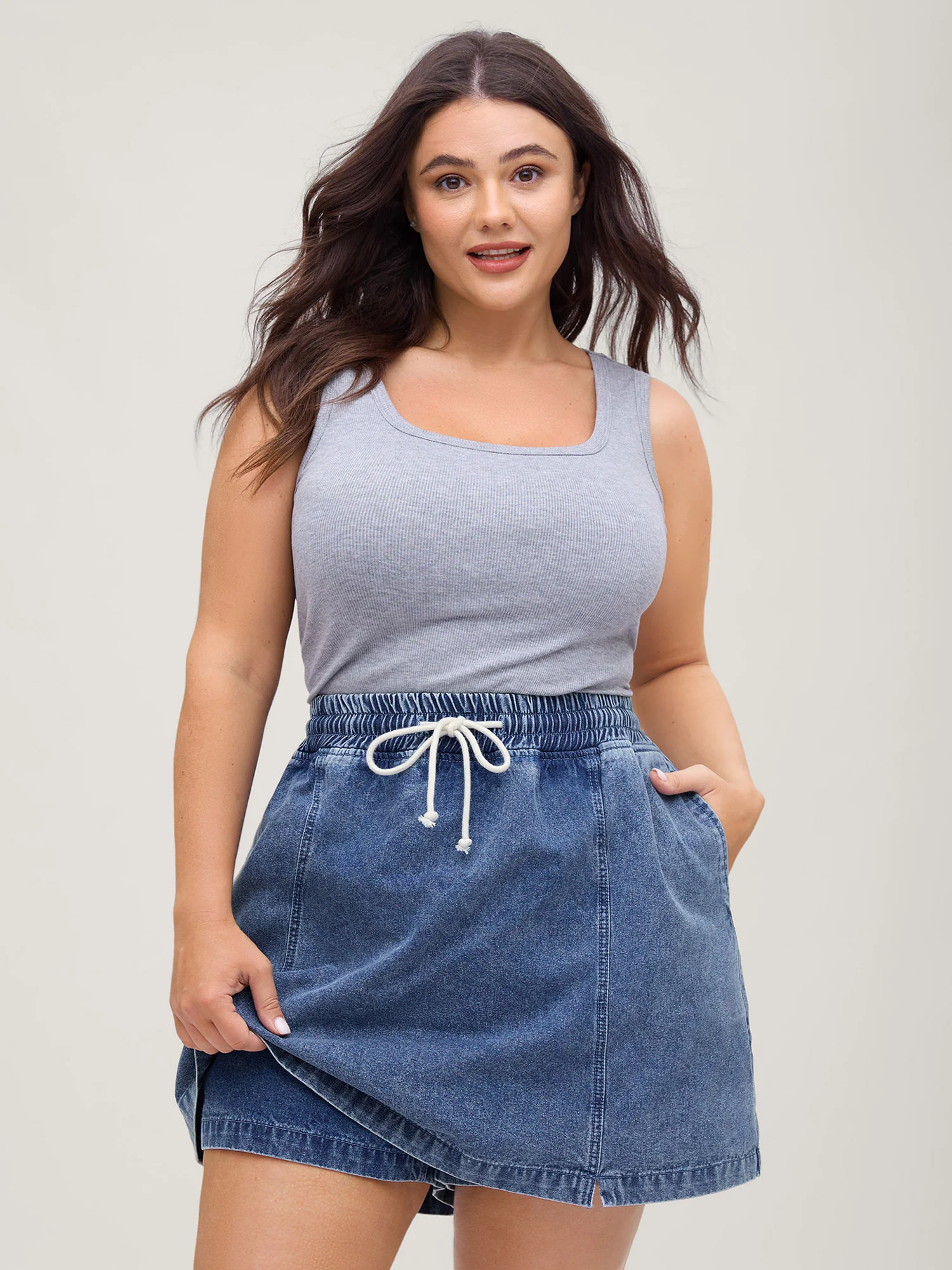 Pull-On Drawstring Denim Skort