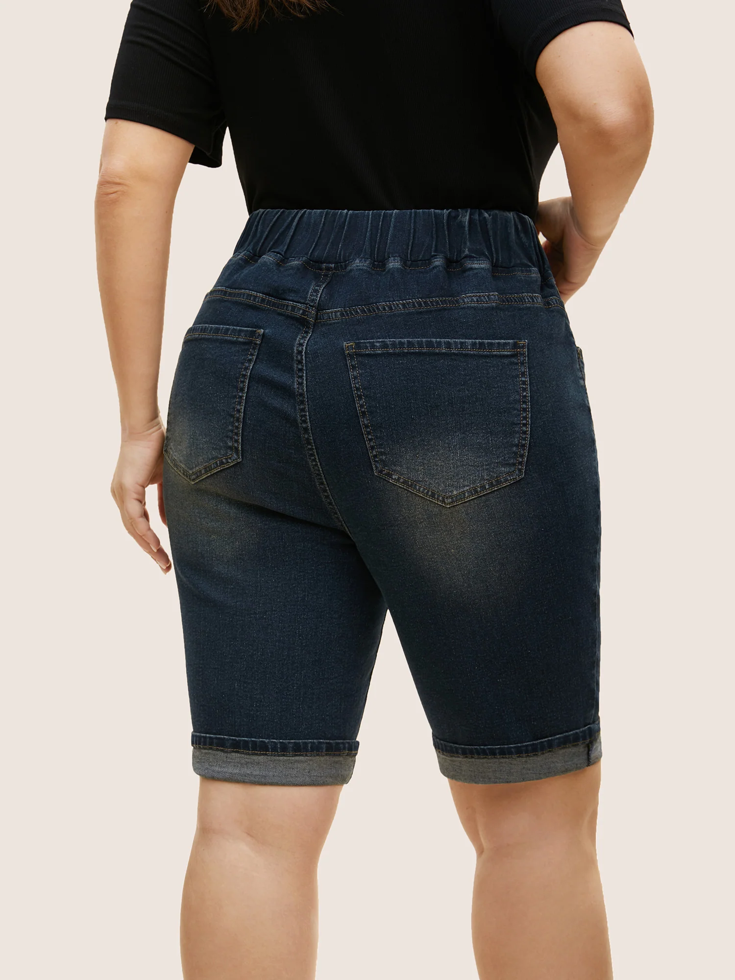 Dark Wash Distressed Roll Hem Denim Shorts