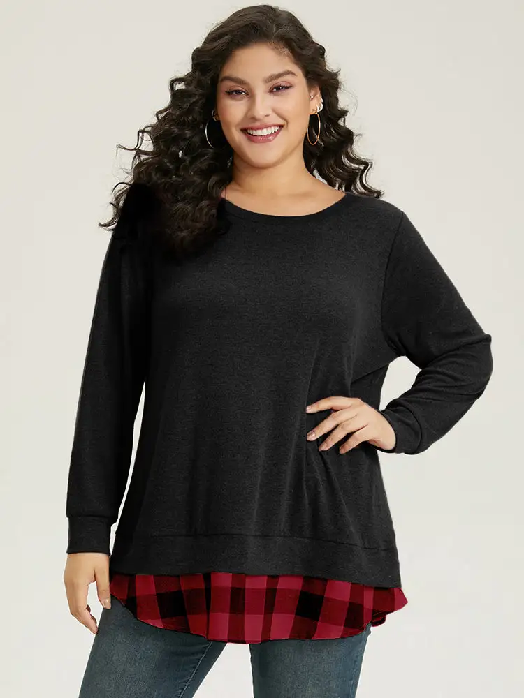 Heather Plaid Patchwork Crew Neck T-Shirt
