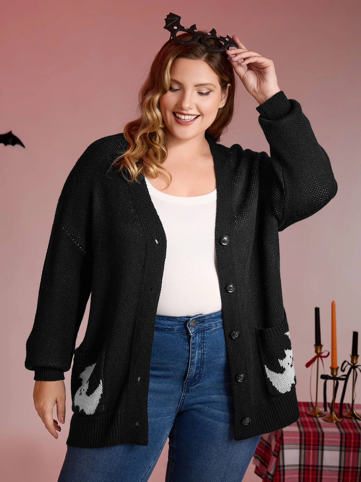 Spiderweb Bat Jacquard Pockets Knit Cardigan